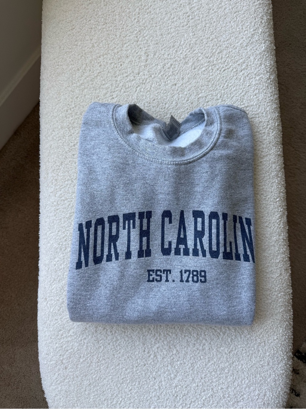 Gildan Grey Crewneck Sweatshirt with Navy North Carolina Print
